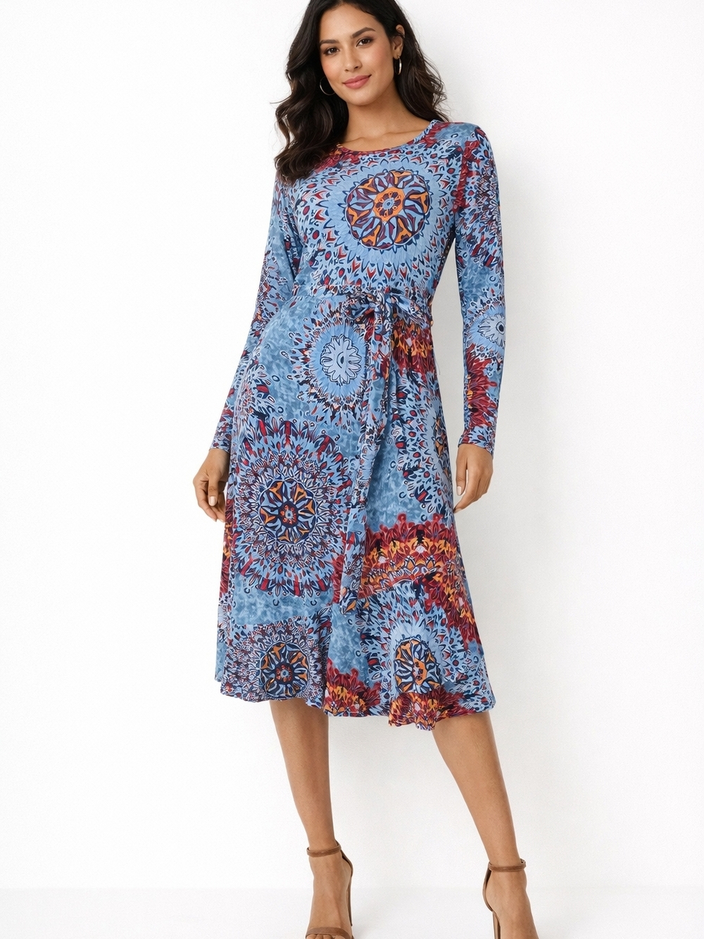 Asics Blue Floral Medallion Midi Dress with Tie Waist